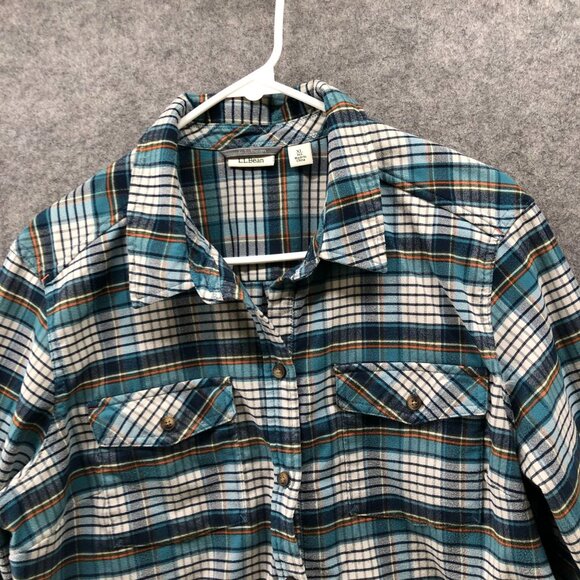 L.L. Bean Flannel Shirt Womens XL Blue White Plaid Teal Long Sleeve - Picture 3 of 9